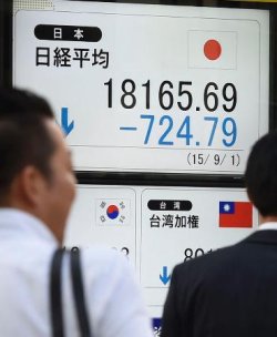 　急落した日経平均株価の終値を示す電光ボード＝１日午後、東京・日本橋兜町