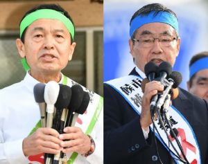 出発式で支持を訴える稲嶺進氏(右)と渡具知武豊氏=28日午前9時すぎ、名護市内