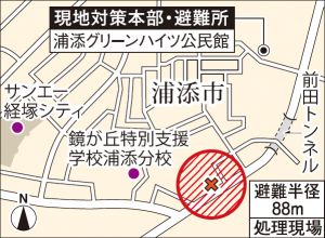 不発弾処理現場と現地対策本部・避難所