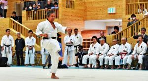 互いの型を披露し合った沖縄伝統空手道振興会と三田空手会の交流演武会=5日午前、豊見城市・沖縄空手会館