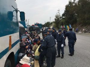 新基地建設に反対する市民と強制排除する機動隊=2日午前9時ごろ、名護市辺野古の米軍キャンプ・シュワブゲート前