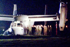 米軍普天間飛行場に胴体着陸したオスプレイ=14日午前3時半、宜野湾市(琉球朝日放送提供)