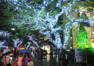 色鮮やかな電飾が街を照らしだすくもじイルミネーション=17日午後6時23分、那覇市久茂地(田嶋正雄撮影)
