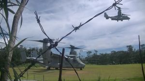 米軍北部訓練場のN1地区ヘリパッドで離着陸するオスプレイ=7月17日(提供)