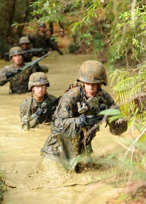 ジャングルでの戦闘を想定し、訓練する米海兵隊員=2013年、国頭村・米軍北部訓練場