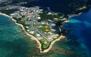 新基地建設が予定されているキャンプ・シュワブ=2016年7月22日、名護市辺野古(本社チャーターヘリから)