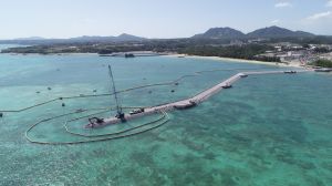 建設作業が進む「K3」護岸=9日、名護市辺野古の米軍キャンプ・シュワブ沿岸(小型無人機で撮影)