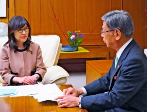 稲田防衛相に新型輸送機MVオスプレイの配備撤回などを要請した翁長知事(右)=日、防衛省