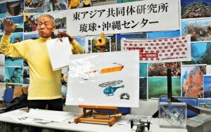 オスプレイの危険性を紙芝居で訴える奥西眞澄さん=22日、那覇市・東アジア共同体研究所琉球・沖縄センター