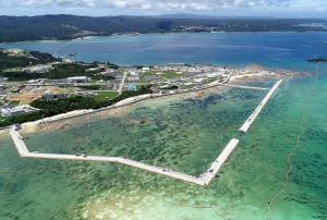 新基地建設が進むキャンプ・シュワブ沿岸=6月29日、名護市辺野古、米軍キャンプ・シュワブ(小型無人機で撮影)