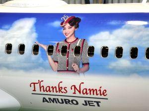お披露目された「AMURO JET」=14日、那覇空港