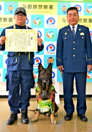 与那原署長賞を受賞した警察犬のガンタ号とパートナーの宮平守巡査長(左)、仲地隆穂署長=27日、与那原署
