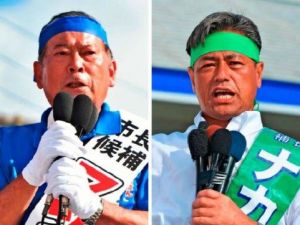 (左)出発式で支持を訴える松川正則氏=23日、宜野湾市普天間(右)出発式で支持を訴える仲西春雅氏=23日、宜野湾市上原