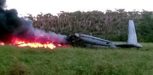 牧草地で大破し、炎上する米軍ヘリ=11日午後5時40分ごろ、東村高江(西銘晃さん提供)