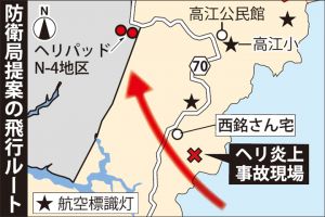 防衛局提案の飛行ルートとヘリ炎上事故現場